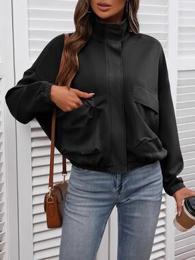 Women's Cropped Bomber Jacket Stand Collar Funnel Neck Black M